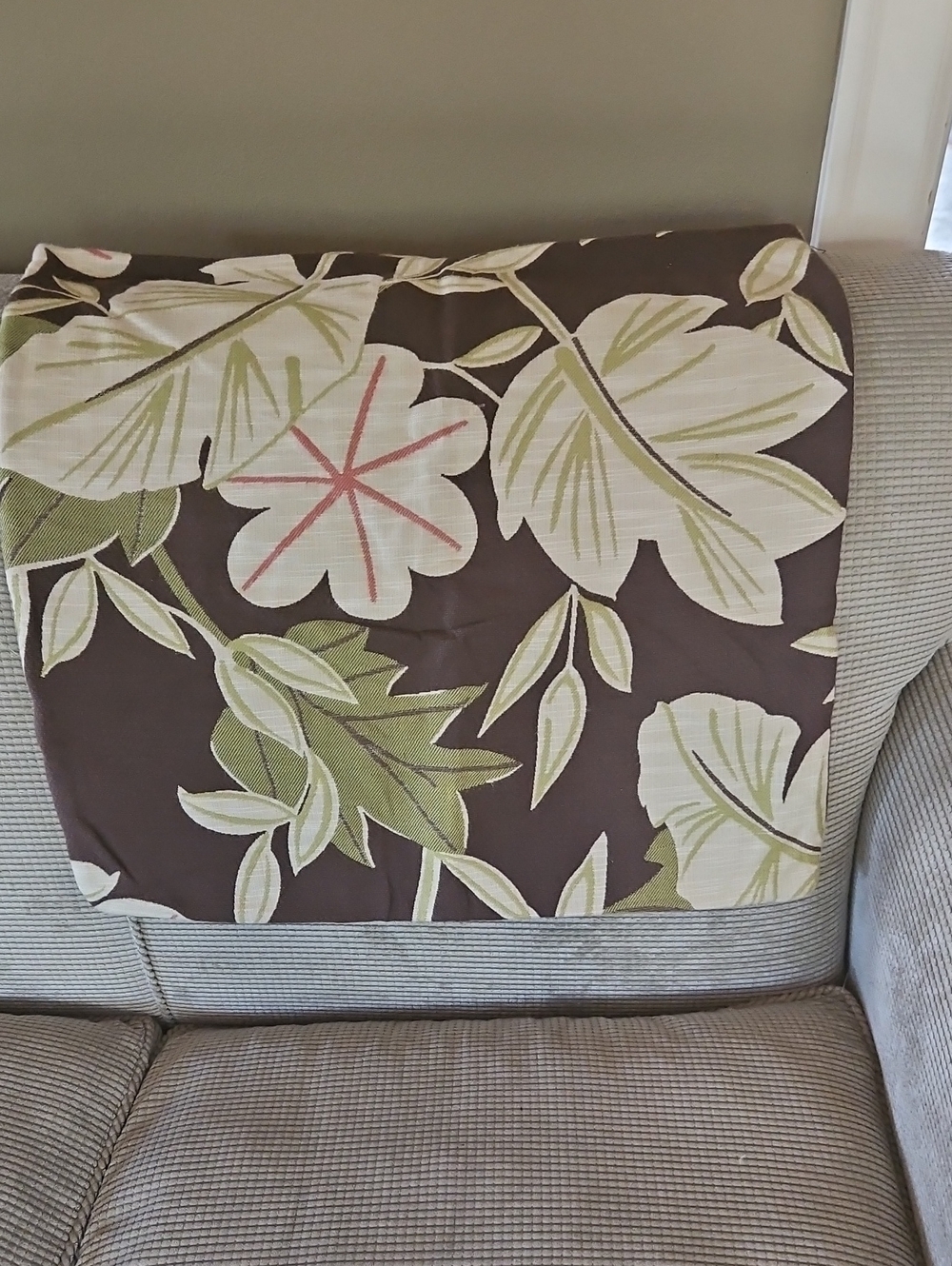 Crate&Barrel Brown Pillow Covers with Green and Cream Botanical Pattern